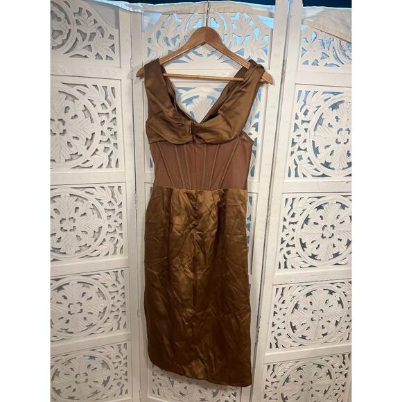 House of CB Lulu Toffee Asymmetric Drape Midi Corset Dress Size L+ Large Plus - Picture 6 of 10